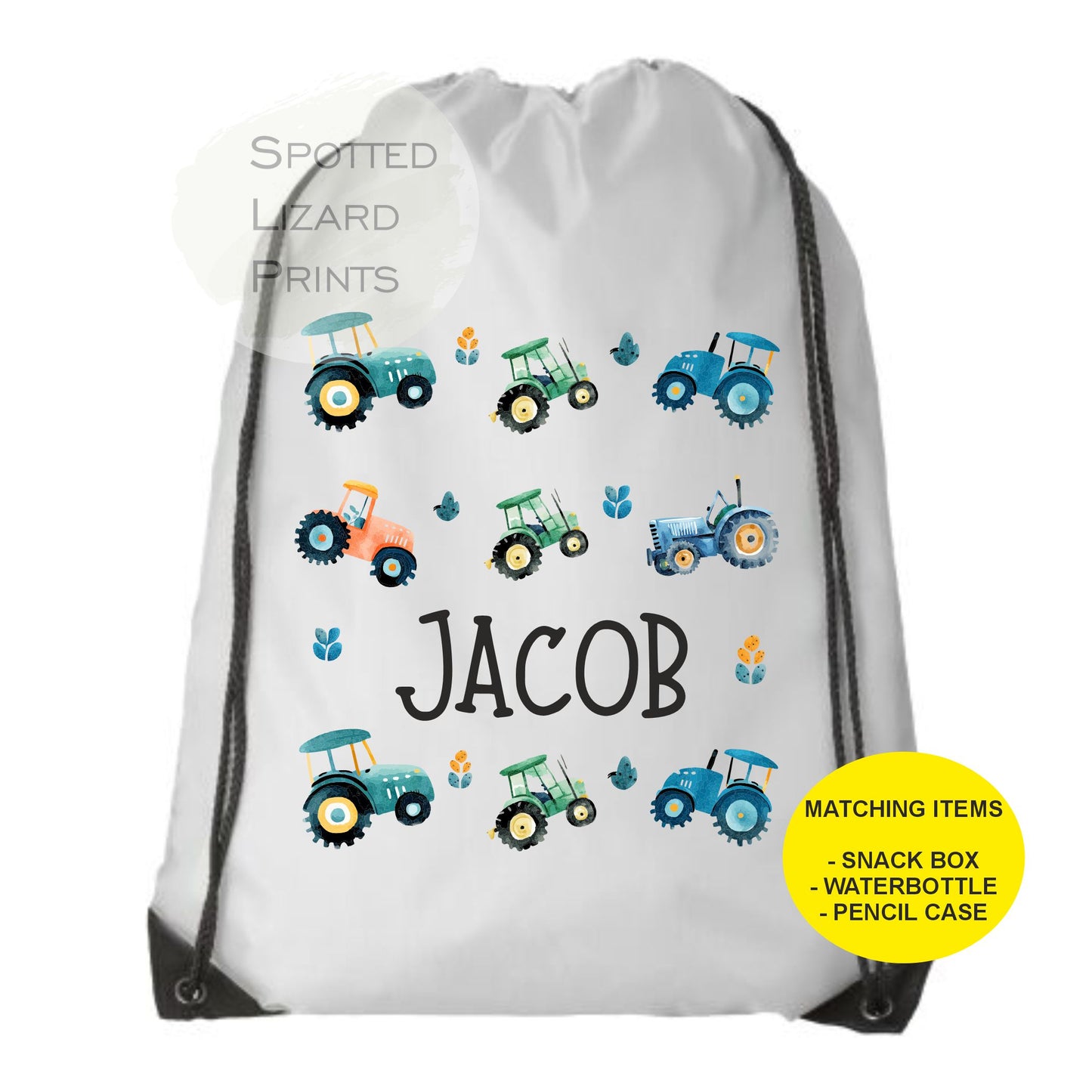 White drawstring bag. Tractors. Personalised with a name.
