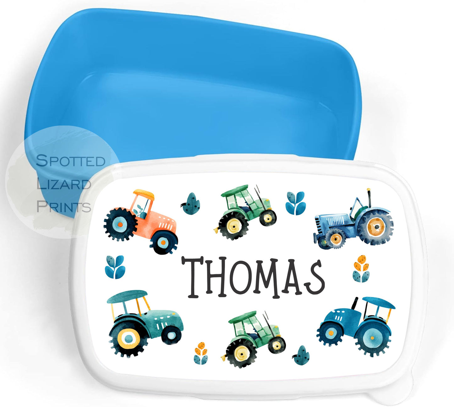 Blue Kids lunch Box. Tractors. Personalised with a name.