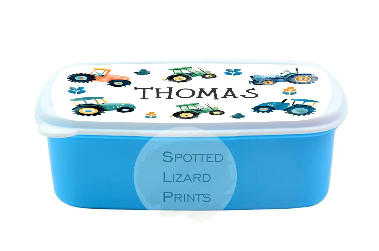 Blue Kids lunch Box. Tractors. Personalised with a name.