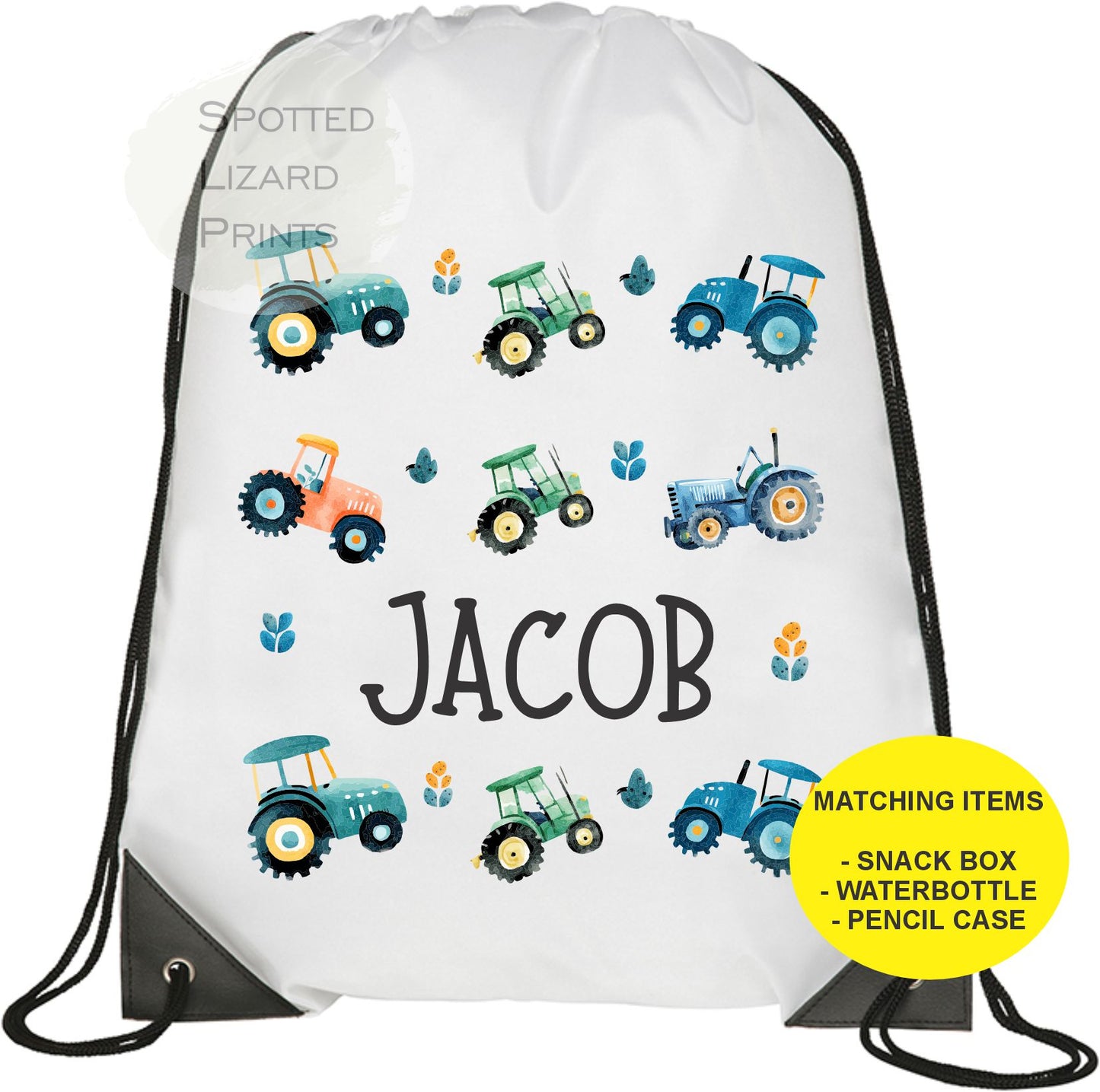 White drawstring bag. Tractors. Personalised with a name.