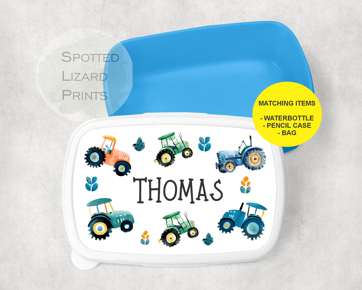 Blue Kids lunch Box. Tractors. Personalised with a name.
