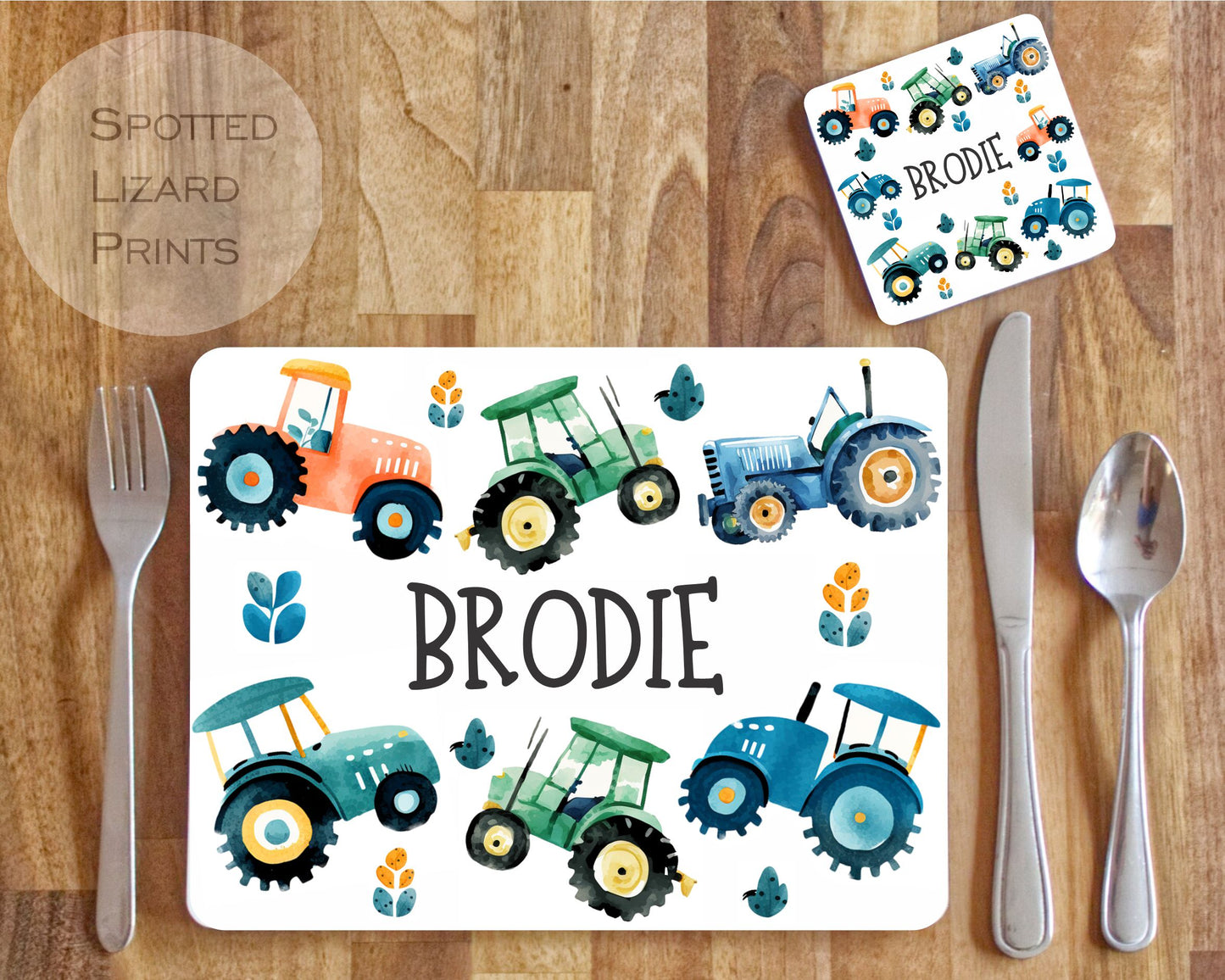 Personalised Tractors Placemat and Coaster Set, Kid's Dinner Set, Tractors gift, Children's Birthday Gift, Tractors Placemat
