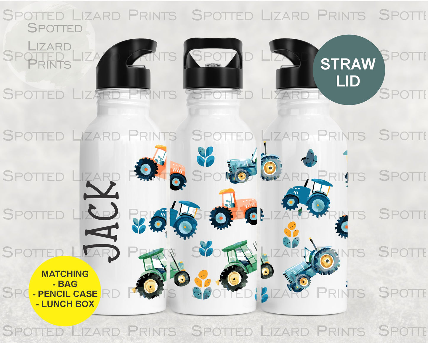 Water Bottle. Tractors. Personalised with a name.