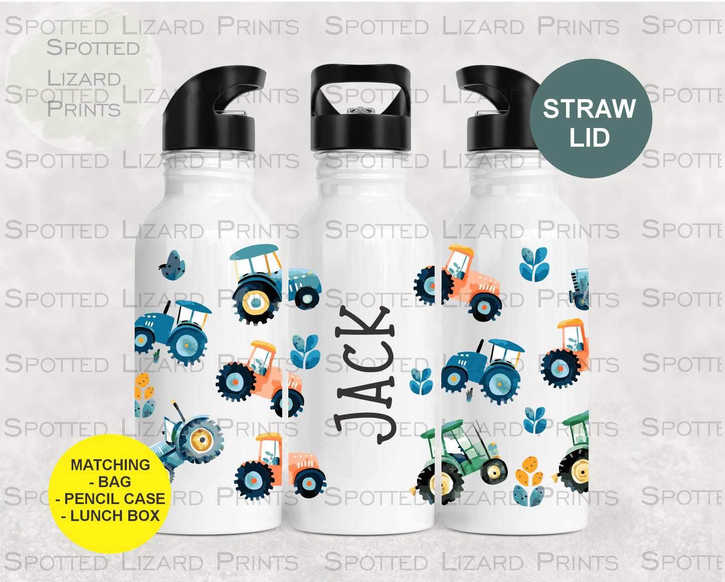 White aluminium water Bottle. Tractors. Personalised with a name.