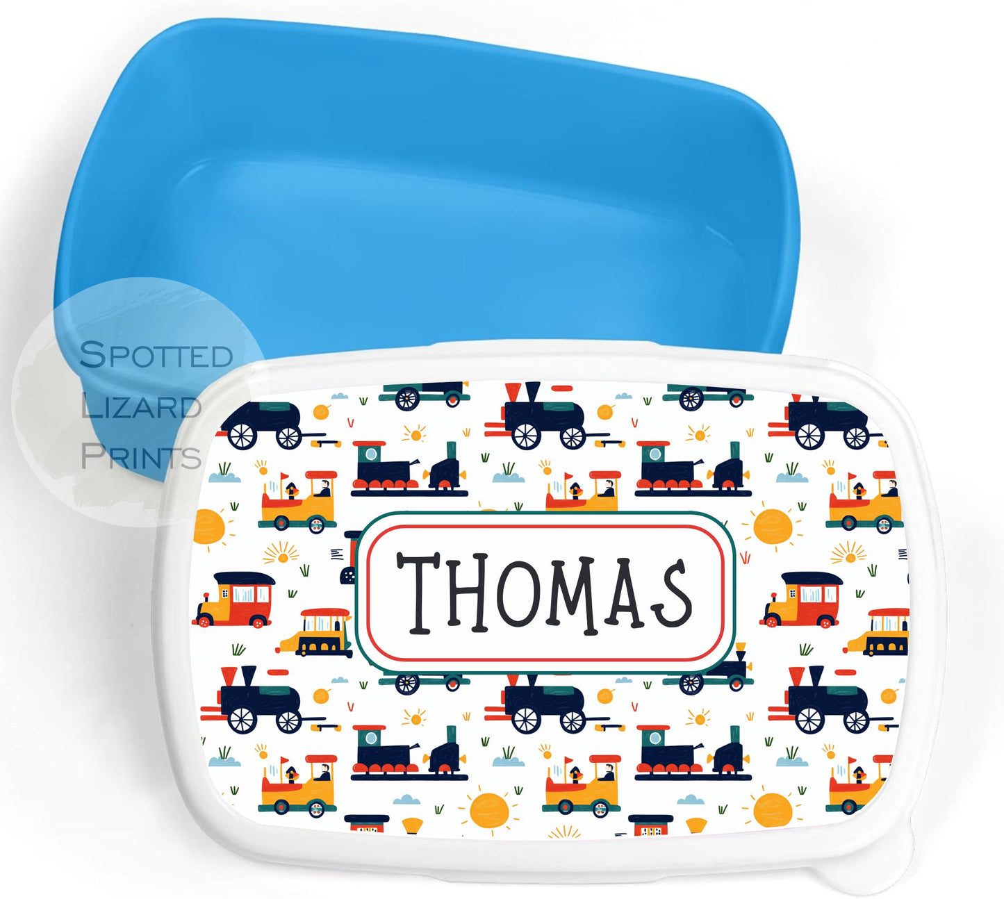 Blue Boys lunch Box. Trains. Personalised with a name.