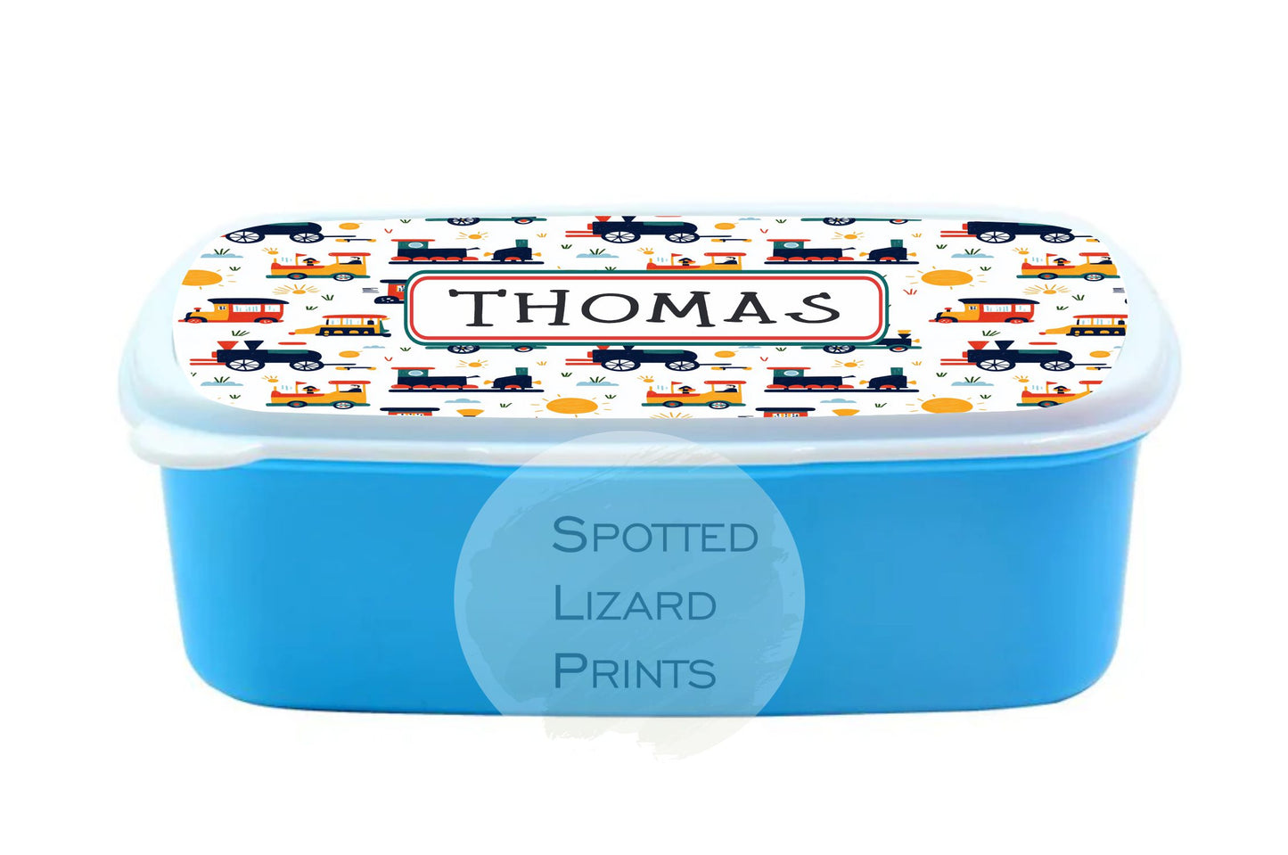 Blue Boys lunch Box. Trains. Personalised with a name.