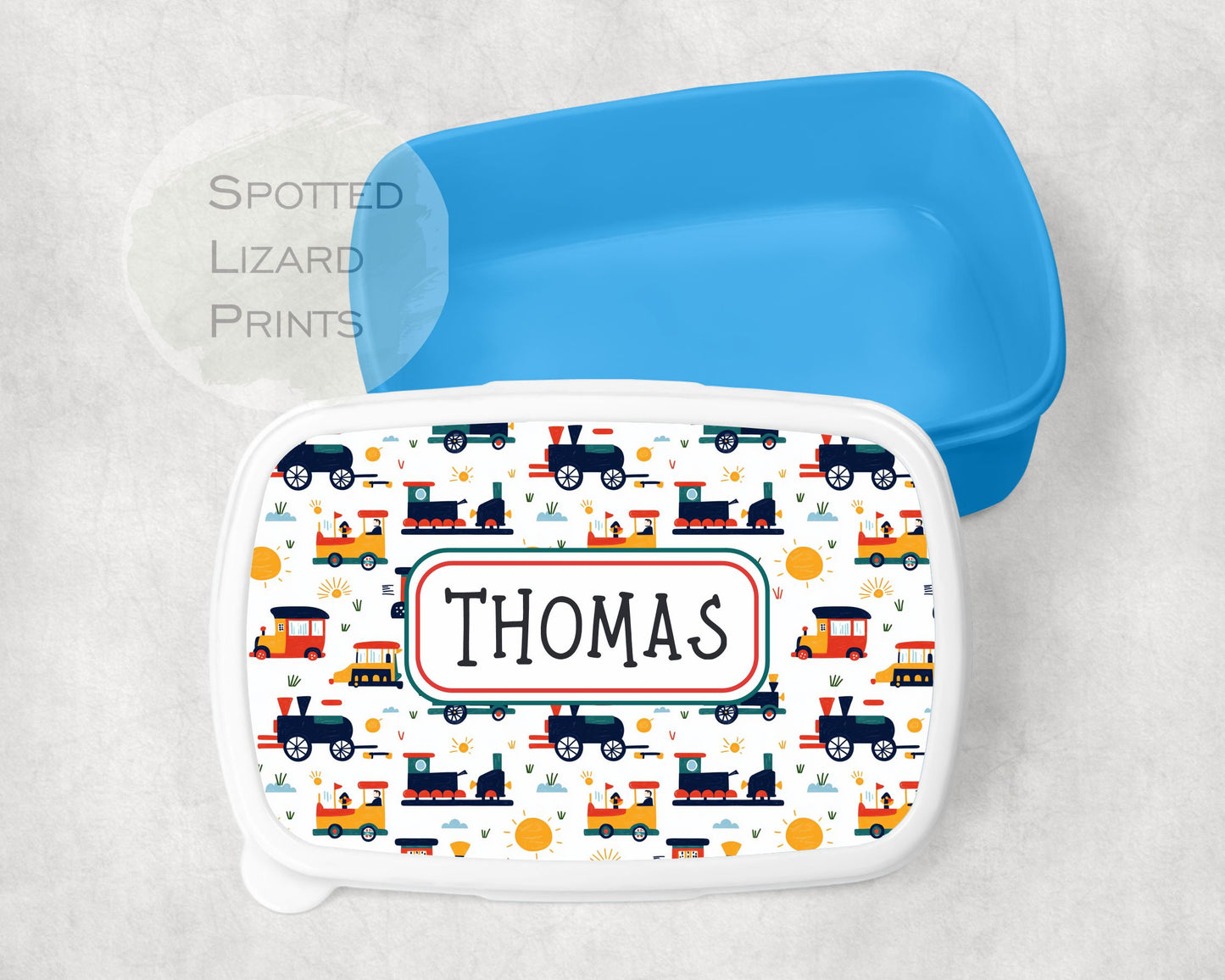 Blue Boys lunch Box. Trains. Personalised with a name.