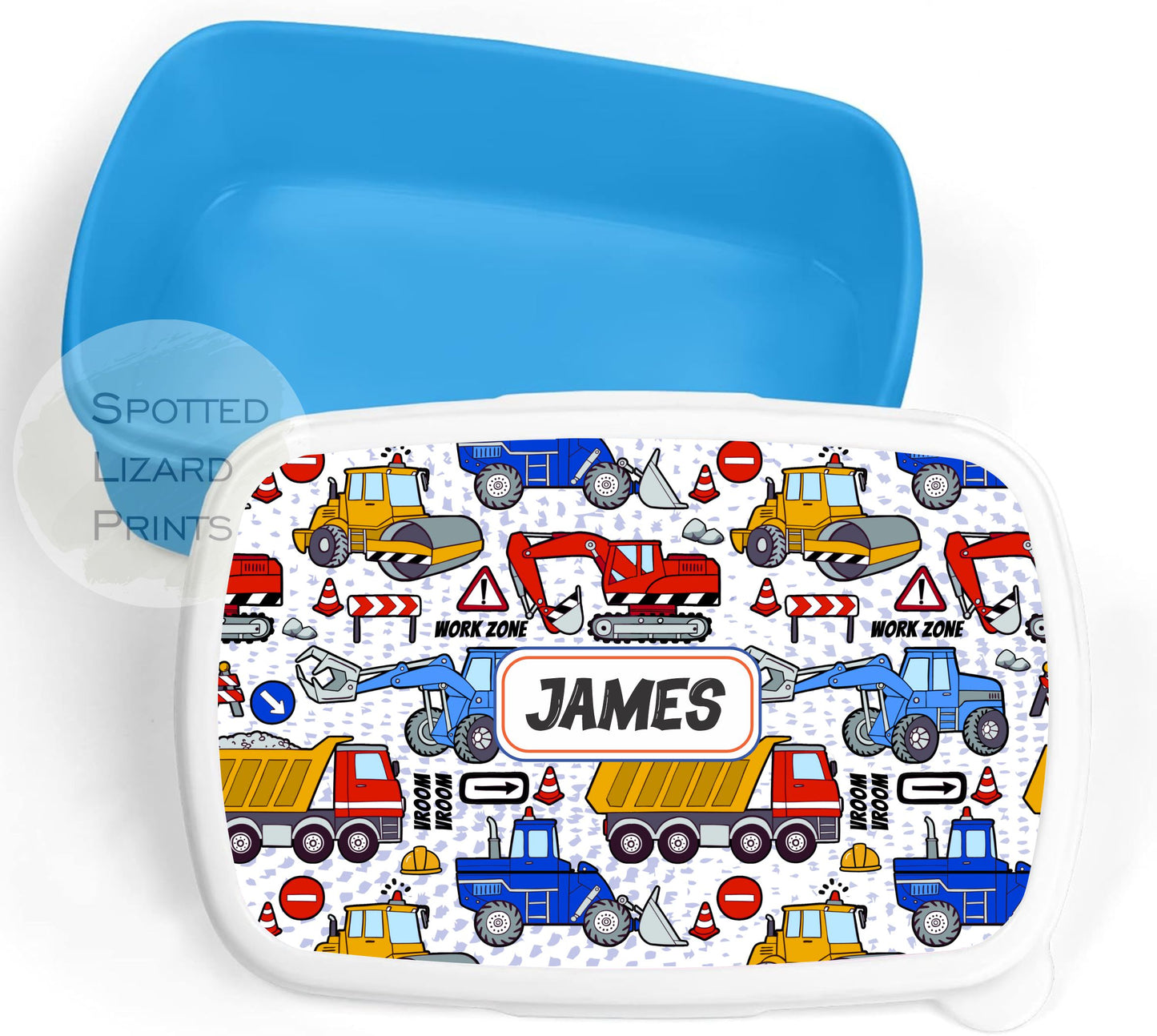 Blue Boys lunch Box. Truck themed. Personalised with a name.