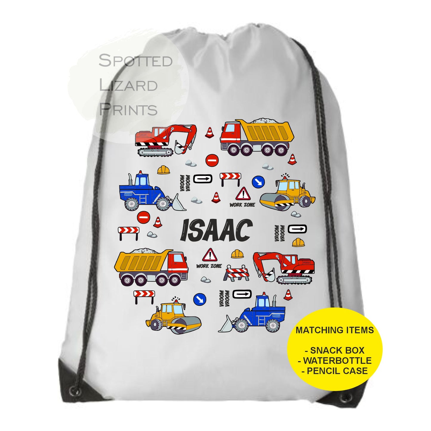 White Drawstring Bag. Truck themed. Personalised with a name.