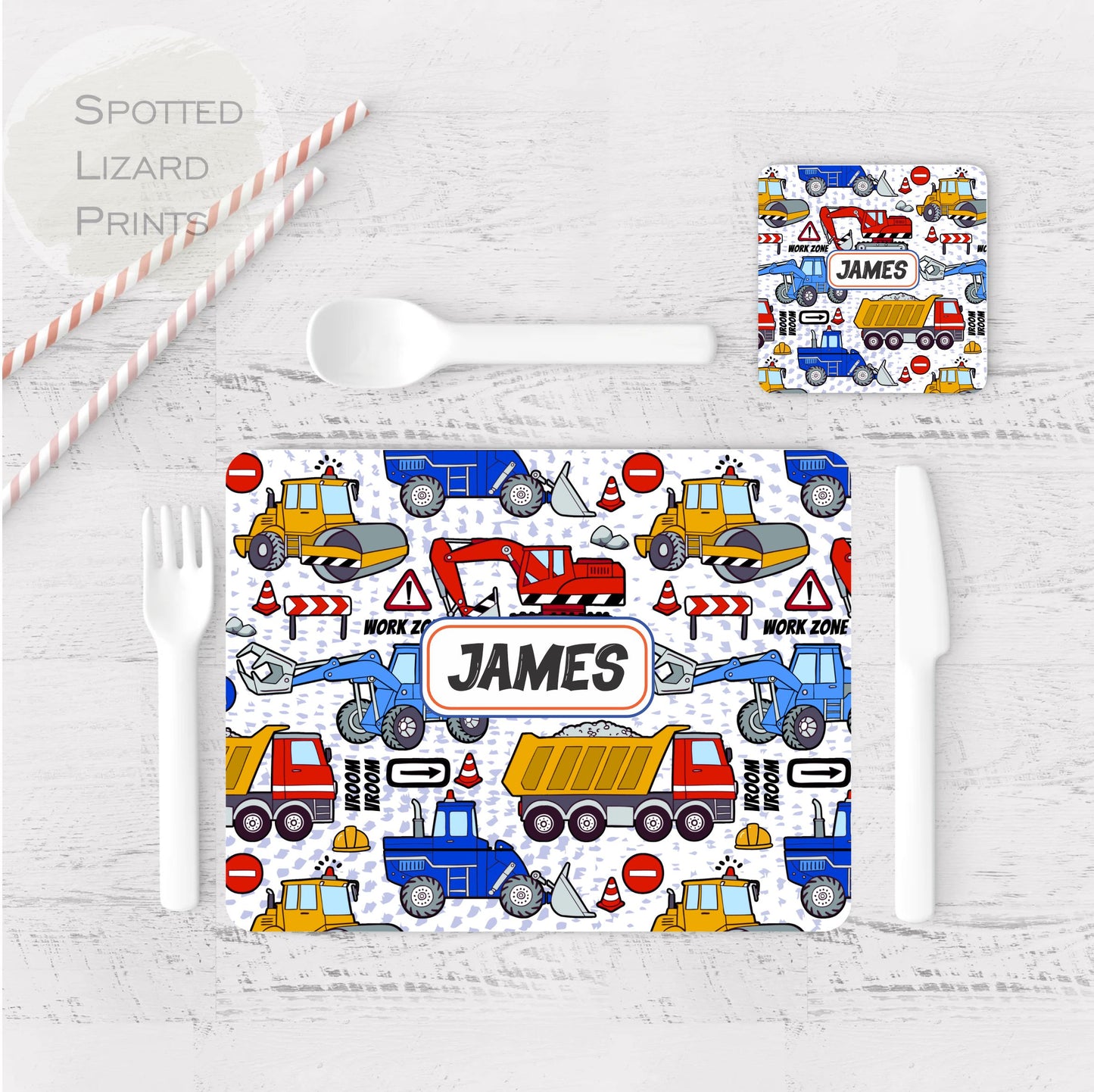Personalised Trucks Placemat and Coaster Set, Kid's Dinner Set, Trucks gift, Children's Birthday Gift, Trucks Placemat