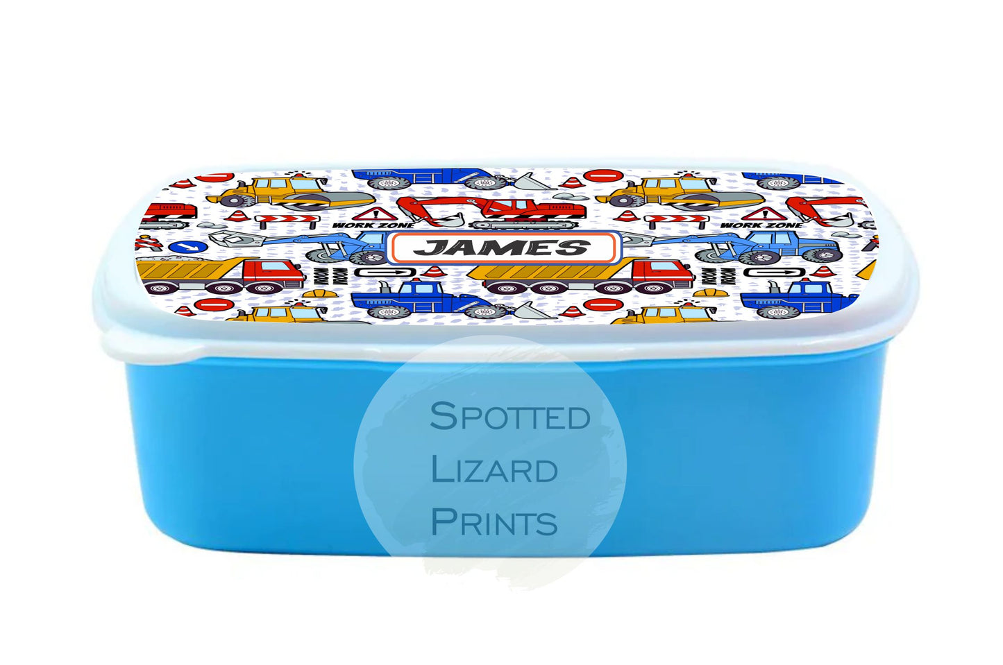 Blue Boys lunch Box. Truck themed. Personalised with a name.