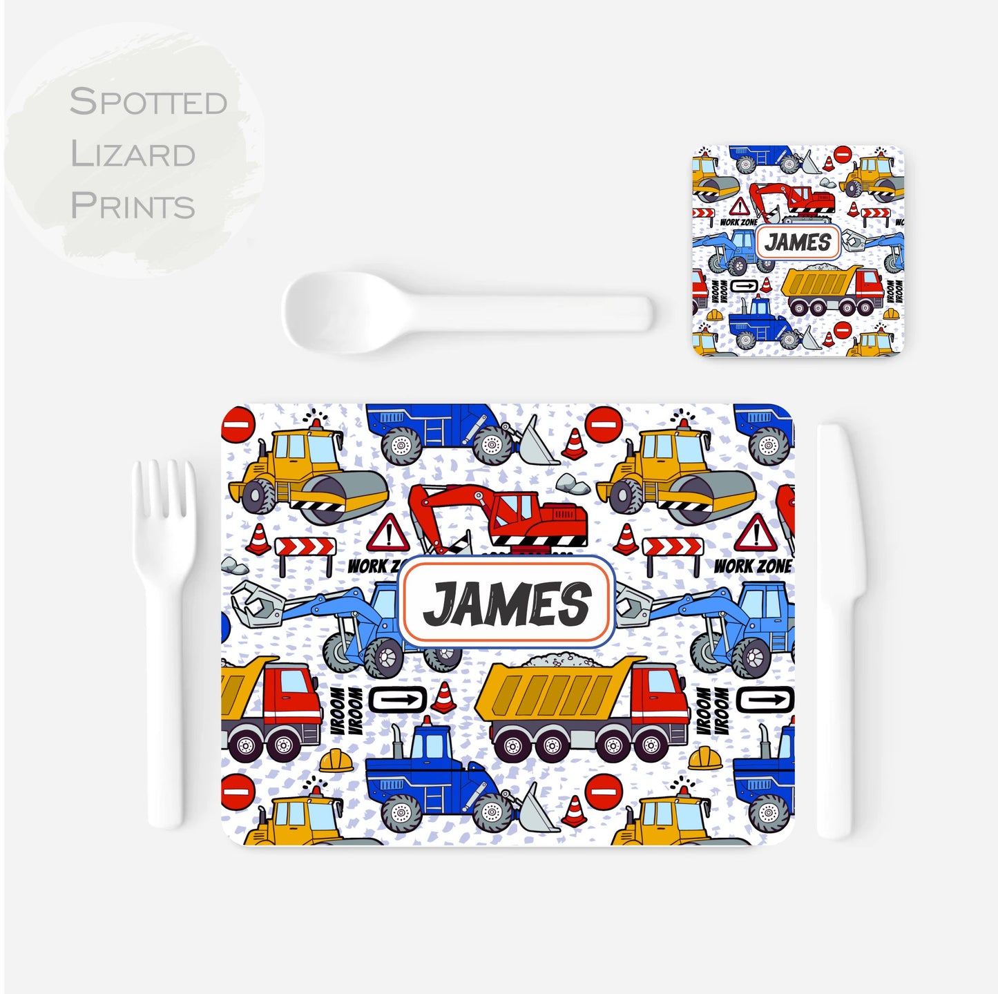 Personalised Trucks Placemat and Coaster Set, Kid's Dinner Set, Trucks gift, Children's Birthday Gift, Trucks Placemat
