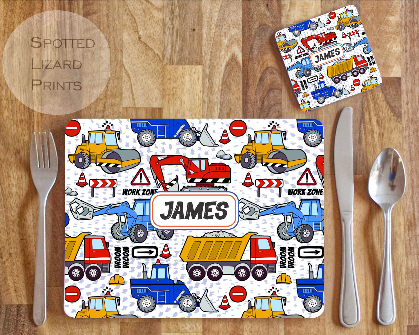 Personalised Trucks Placemat and Coaster Set, Kid's Dinner Set, Trucks gift, Children's Birthday Gift, Trucks Placemat