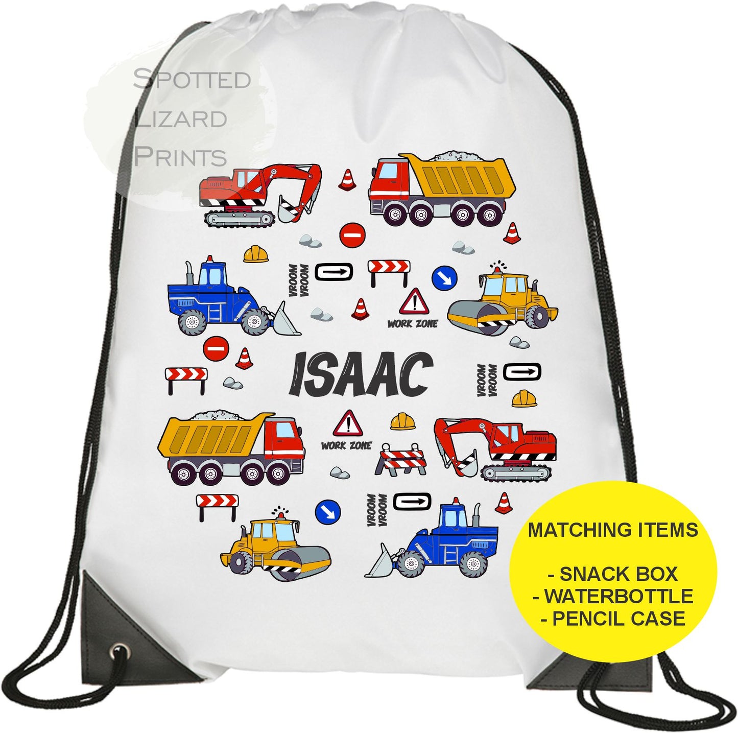 White Drawstring Bag. Truck themed. Personalised with a name.