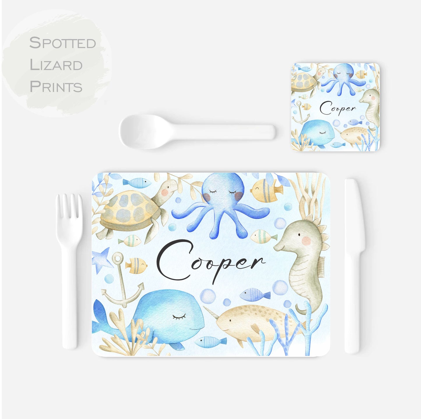 Children's placemat set. Personalised with a name. Under the Sea theme.