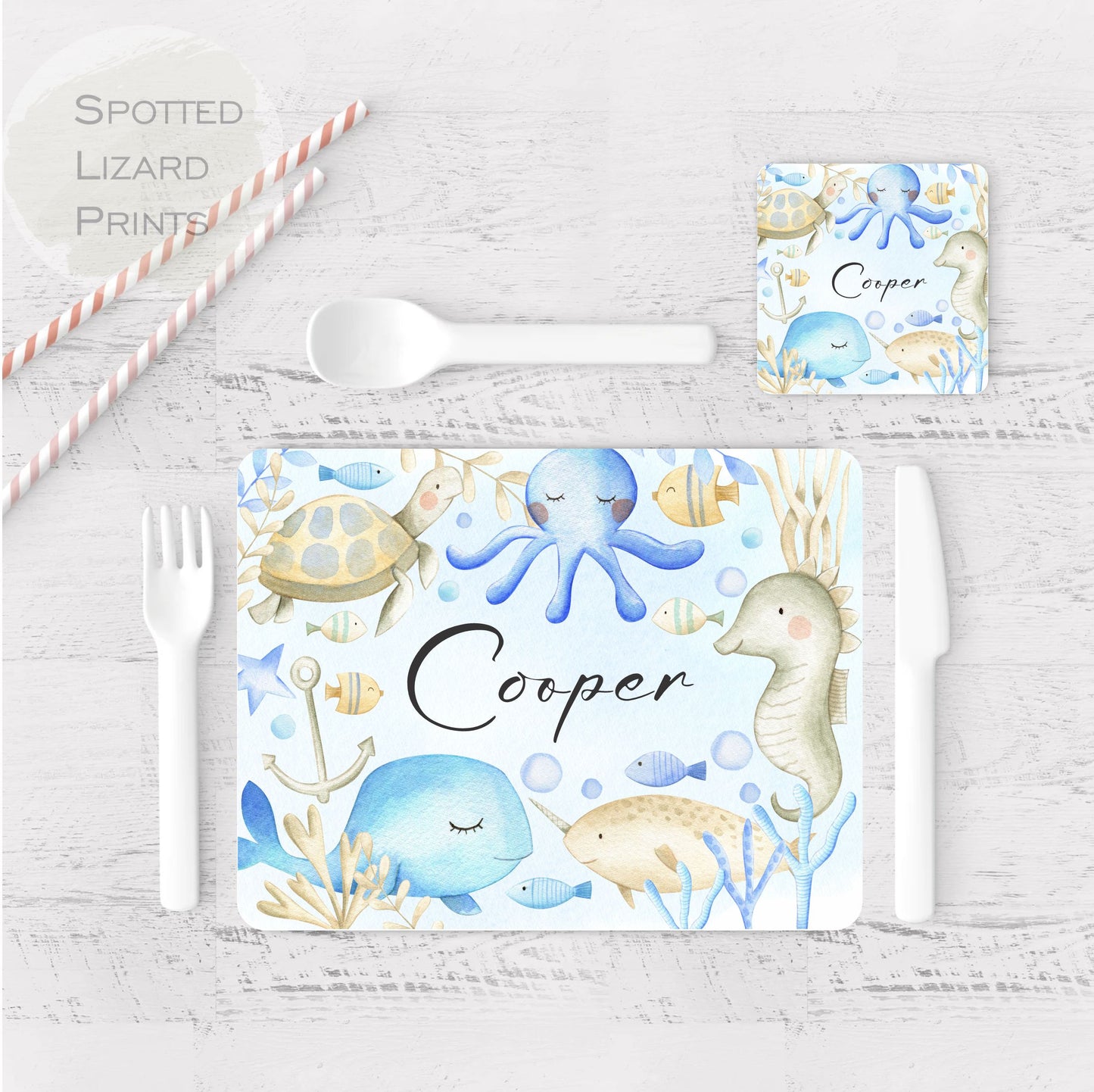 Children's placemat set. Personalised with a name. Under the Sea theme.