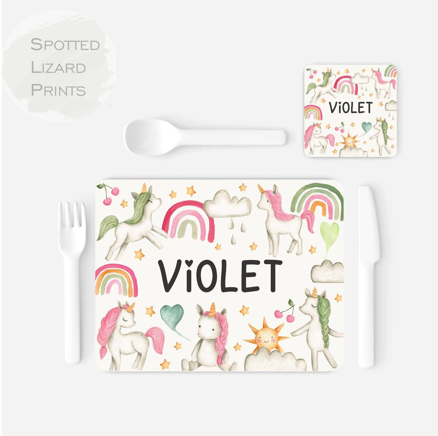 Children's placemat set. Personalised with a name. Unicorn theme.