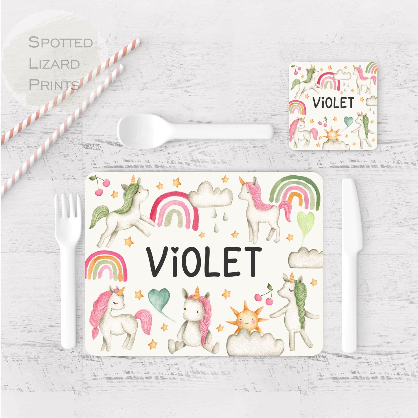 Children's placemat set. Personalised with a name. Unicorn theme.