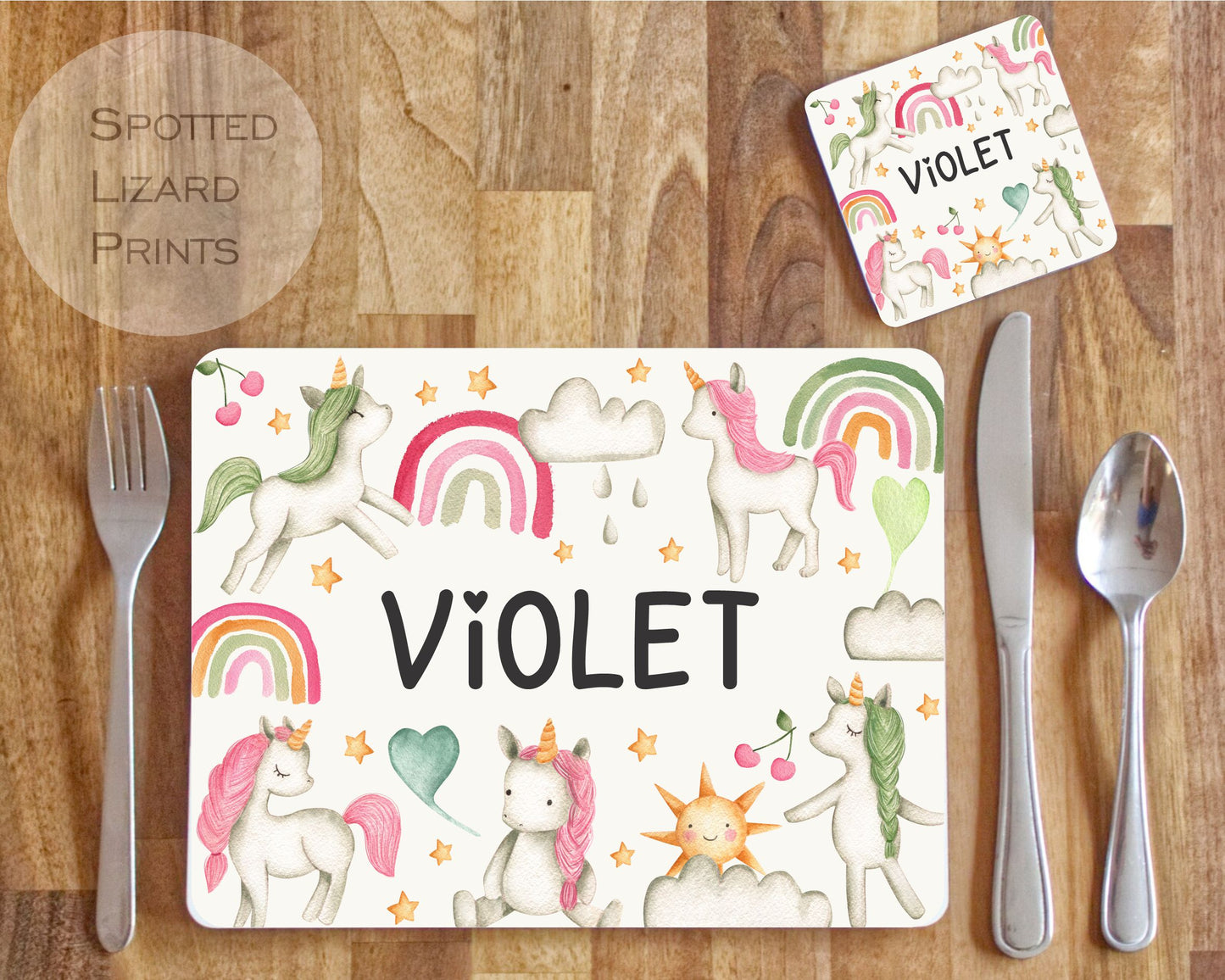 Children's placemat set. Personalised with a name. Unicorn theme.