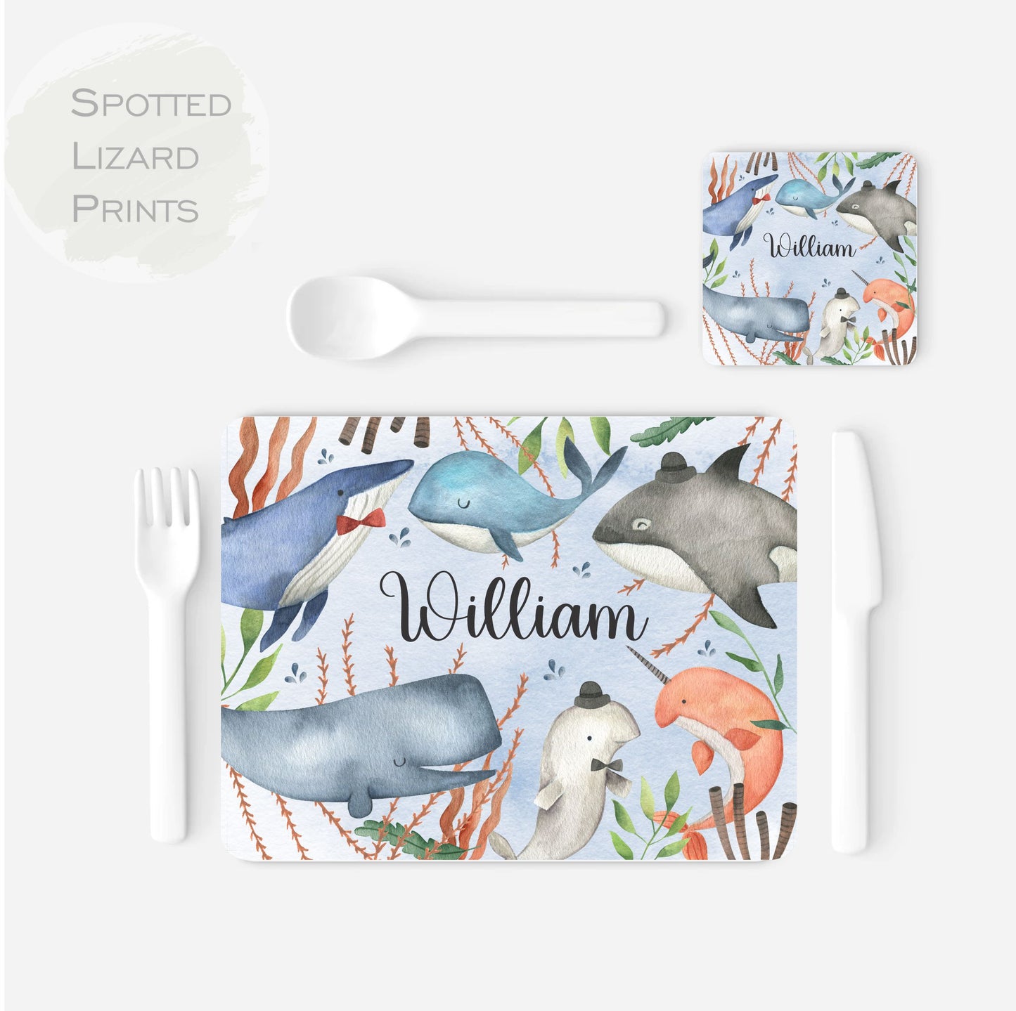 Children's placemat set. Personalised with a name. Whales theme.