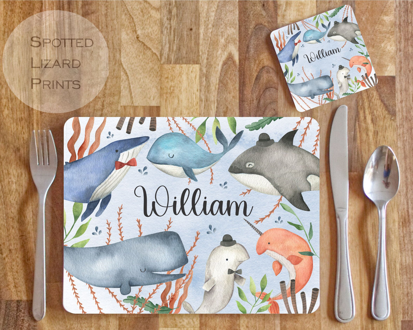 Children's placemat set. Personalised with a name. Whales theme.