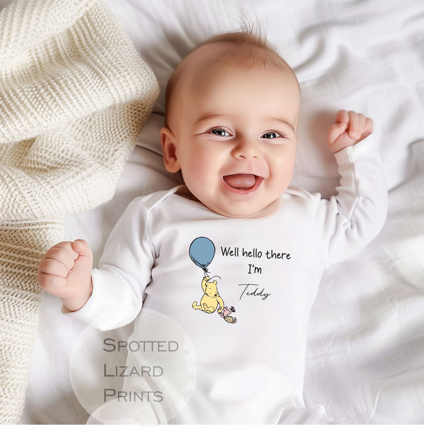 Personalised Well Hello There Classic Winnie the Pooh Baby Rompersuit - Blue