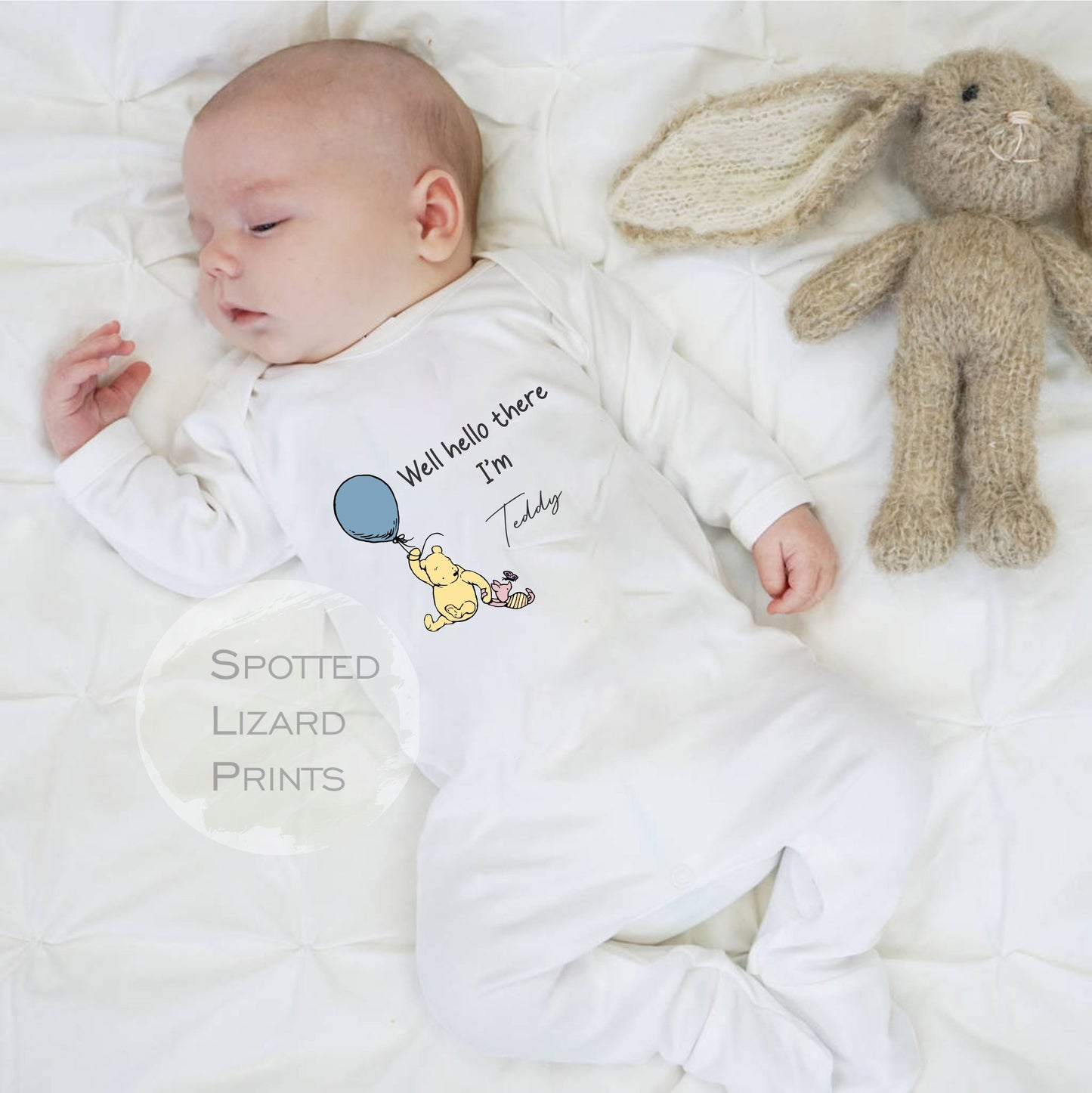 Personalised Well Hello There Classic Winnie the Pooh Baby Rompersuit - Blue