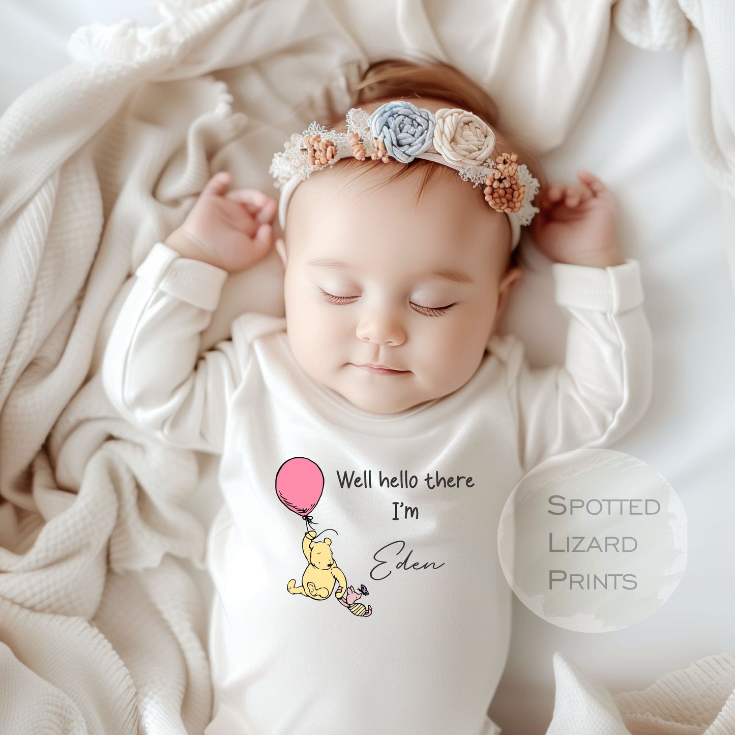 Personalised Well Hello There Classic Winnie the Pooh Baby Rompersuit - Blue