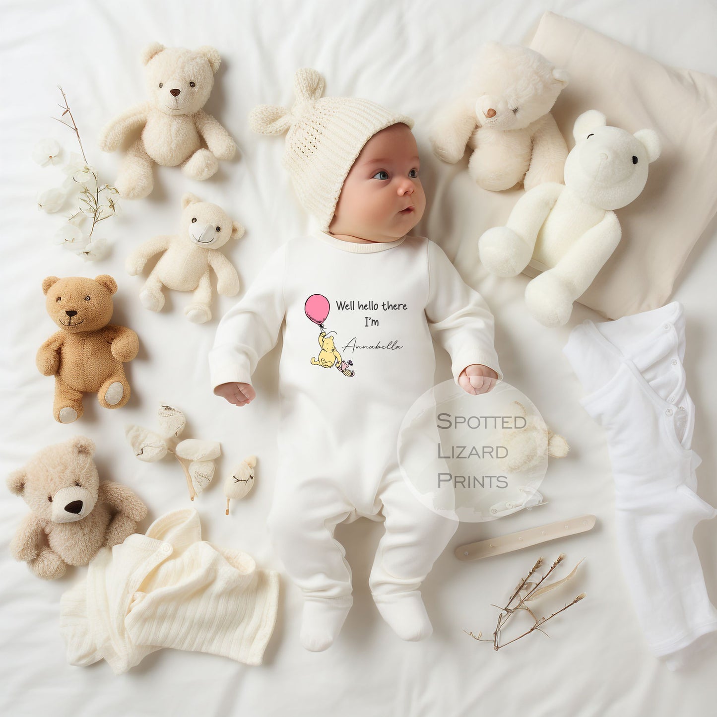 Personalised Well Hello There Classic Winnie the Pooh Baby Rompersuit - Blue