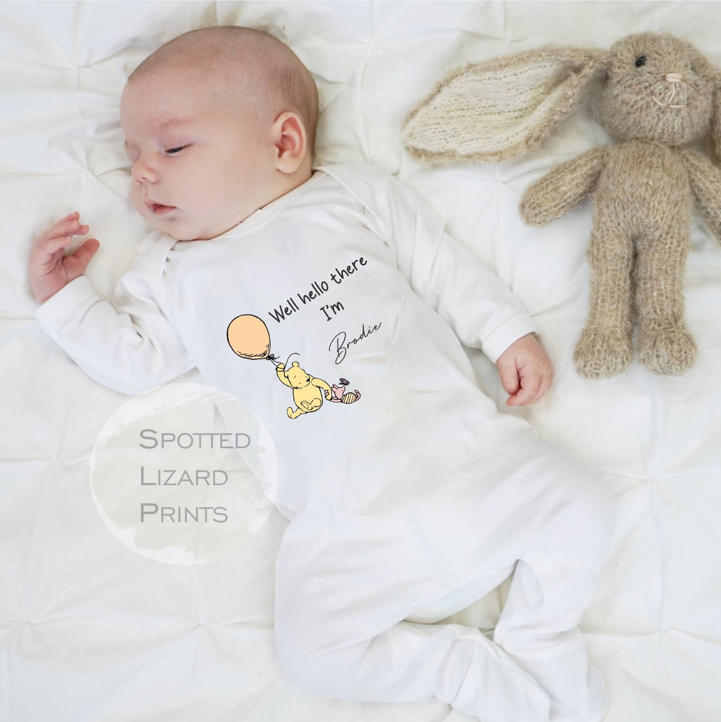 Personalised Well Hello There Classic Winnie the Pooh Baby Rompersuit - Blue
