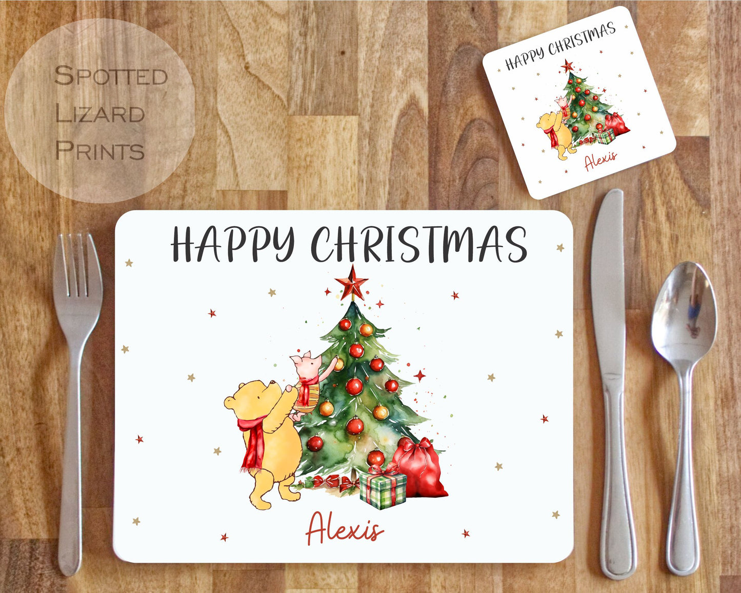 Children's placemat set. Personalised with a name. Christmas tree and winnie the pooh