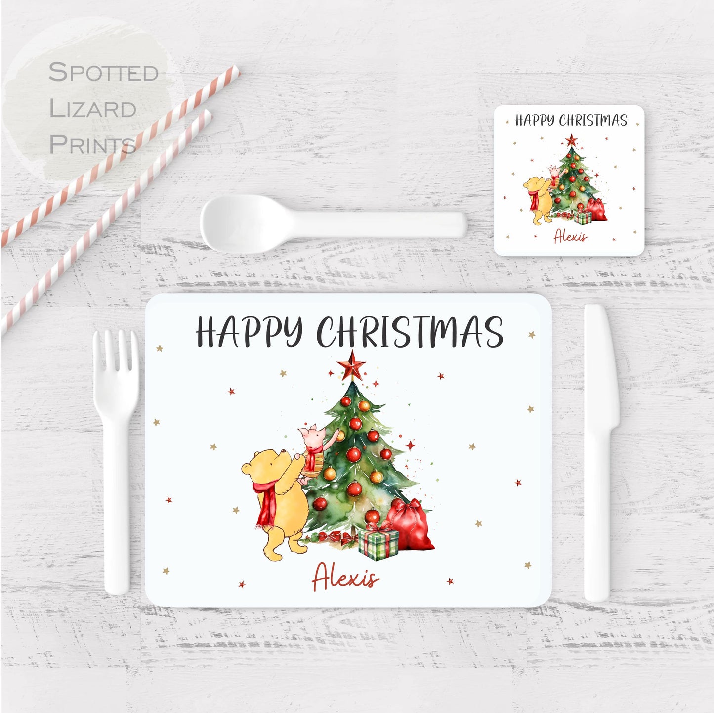 Children's placemat set. Personalised with a name. Christmas tree and winnie the pooh