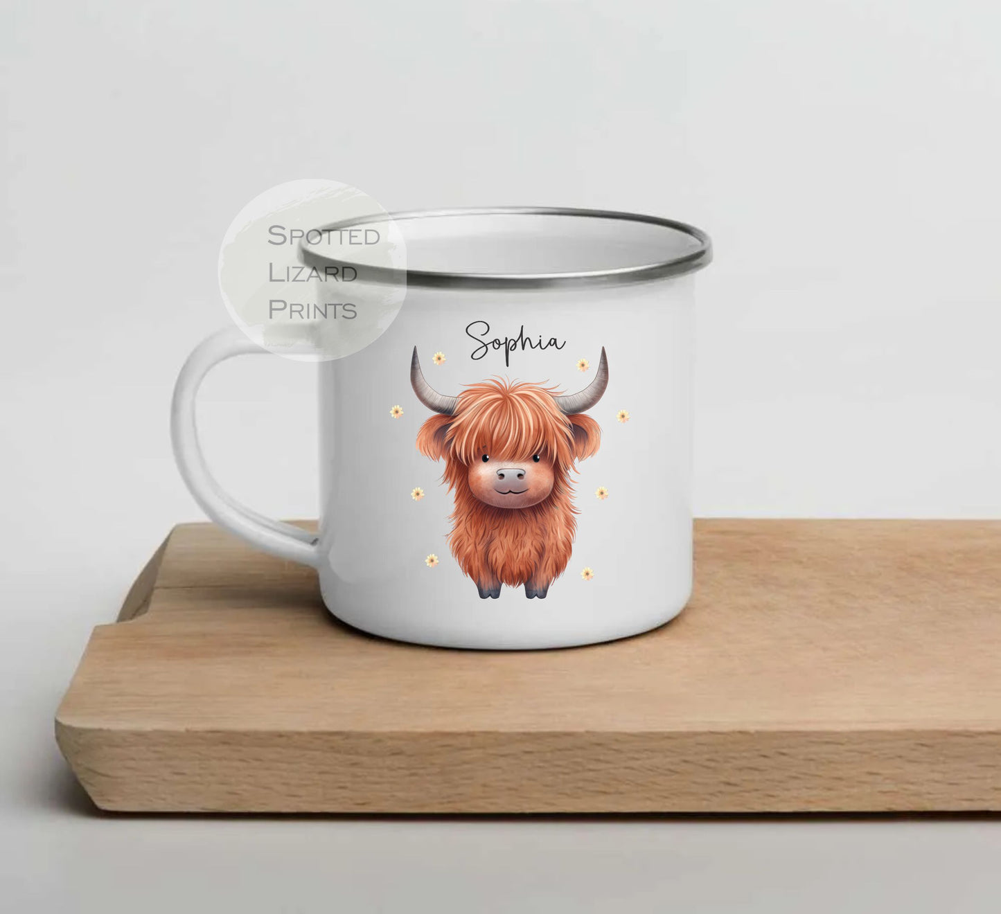 Personalised Highland Cow enamel mug