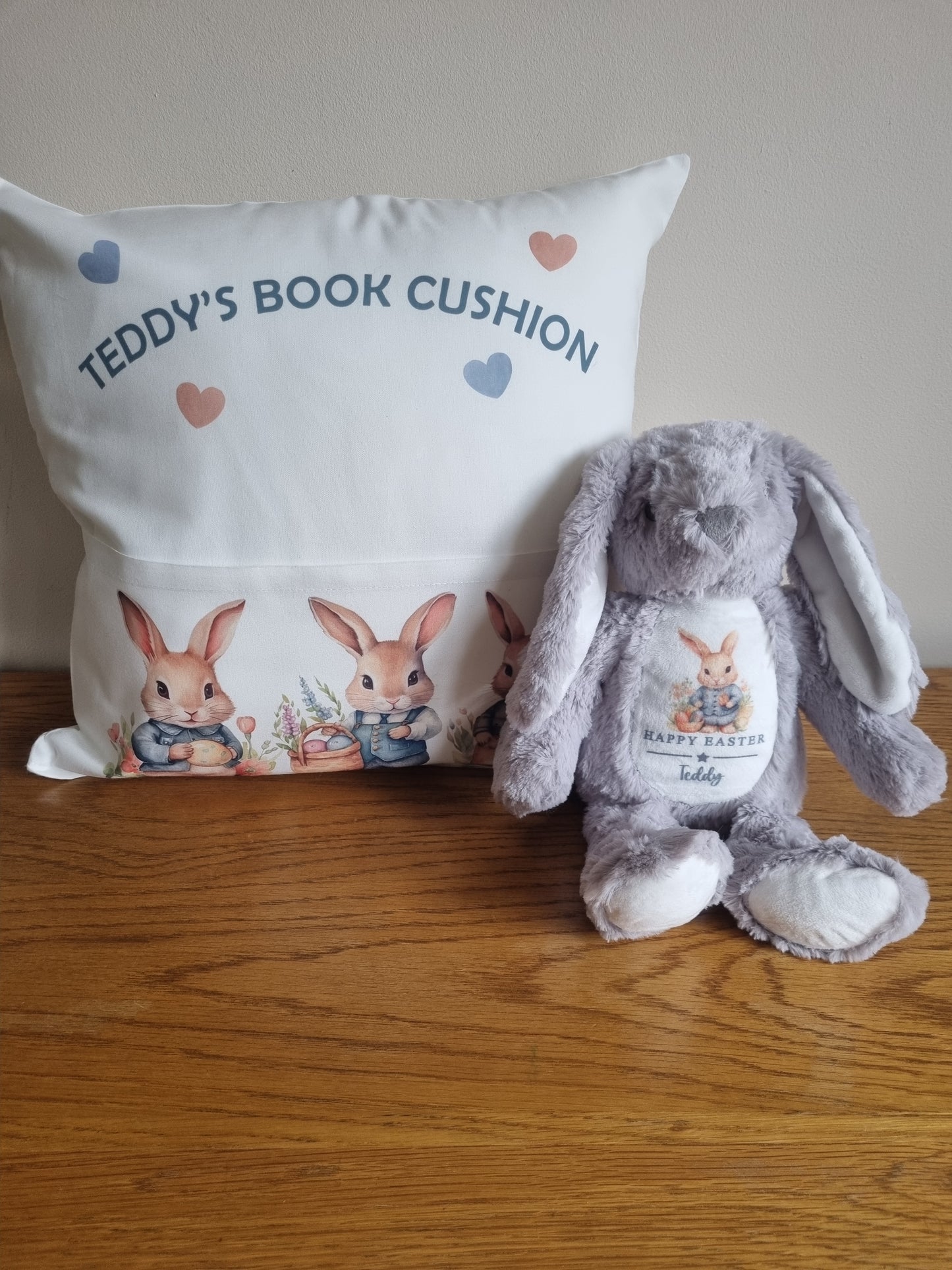 personalised white pillow with rabbit soft toy