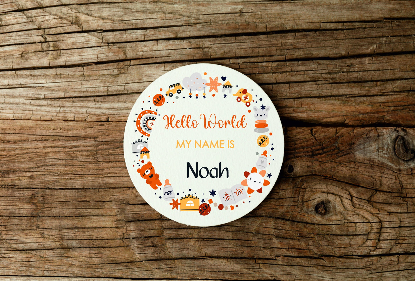 New baby arrival disc plaque Hello World My Name is, New Baby Coasters