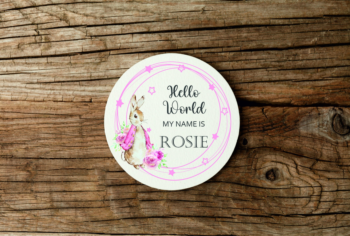 Peter Rabbit New baby arrival disc plaque Hello World My Name is, New Baby Coasters