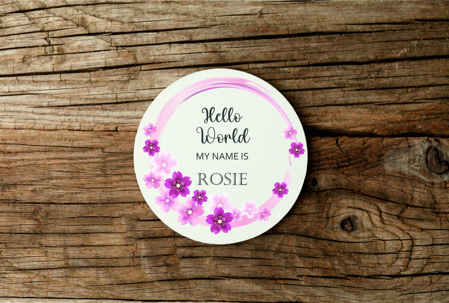 New baby arrival disc plaque Hello World My Name is, New Baby Coasters
