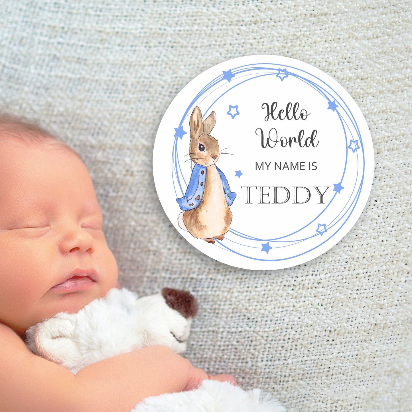 Peter Rabbit New baby arrival disc Hello World My Name is, New Baby Coasters