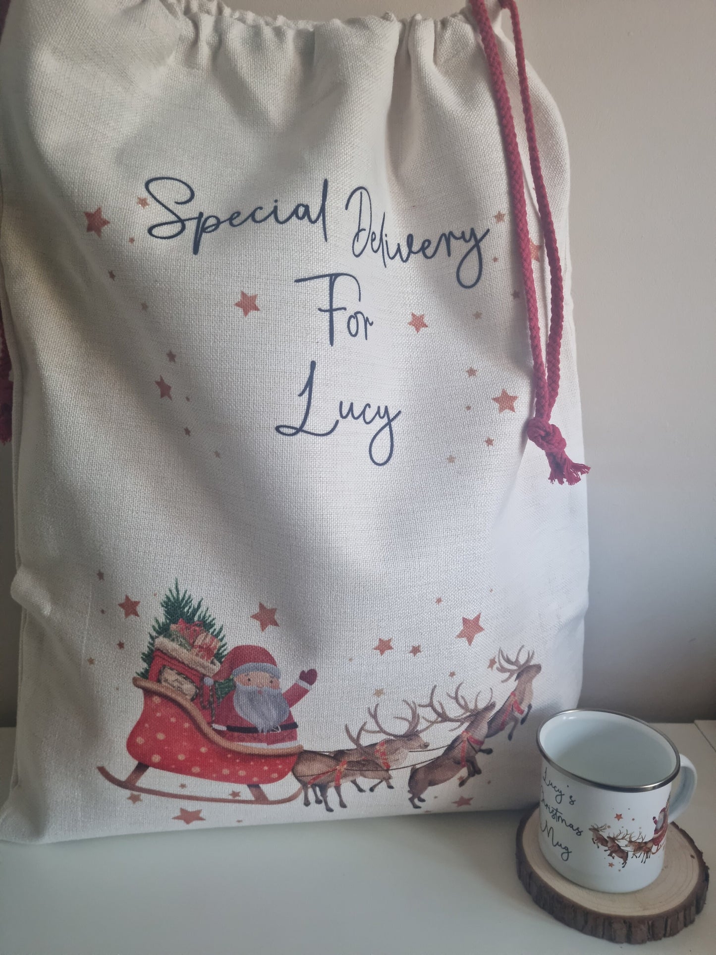 Personalised kids Christmas mug, hot chocolate mug, Christmas Eve, Christmas Eve box filler, Santa Sleigh Boy - Girl