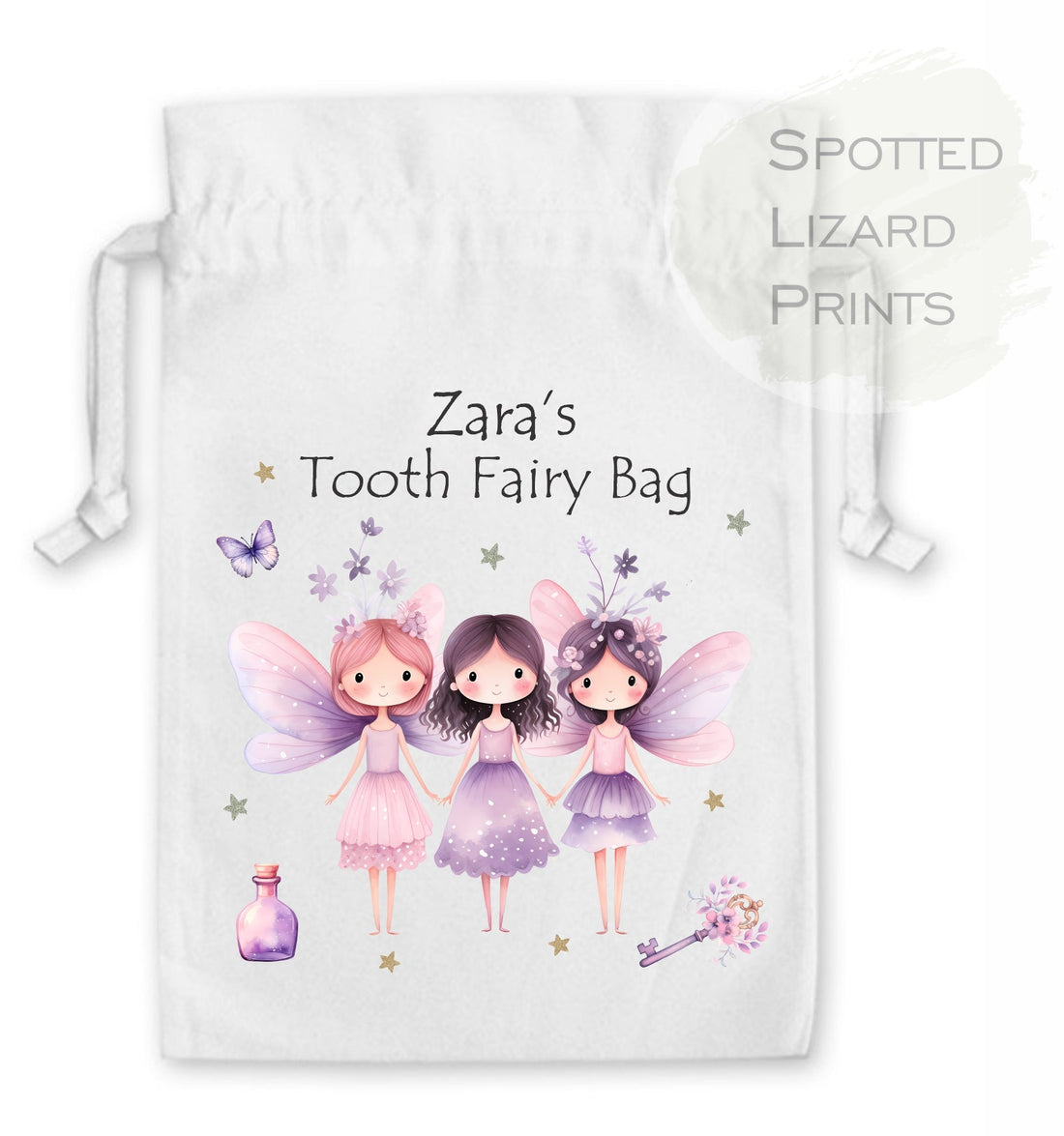 Tooth Fairy Bags. Printed with a group of Fairies and personalised with a name