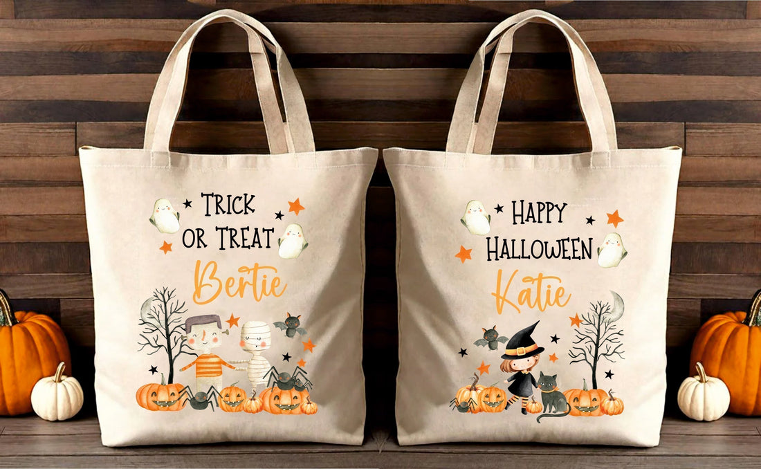 Custom Halloween Tote Bag for Trick or Treat Add Personalised Name Initials Present Gift Kids Spooky Scary Jack-O-Lantern Pumpkin Accessory