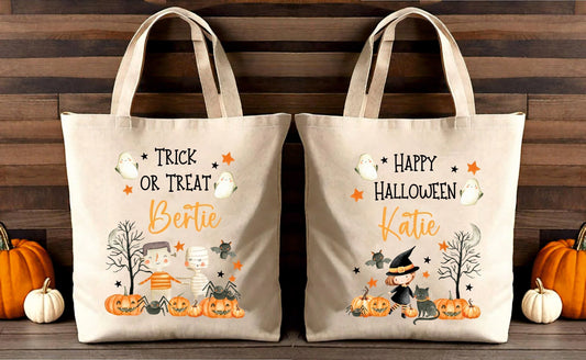 Custom Halloween Tote Bag for Trick or Treat Add Personalised Name Initials Present Gift Kids Spooky Scary Jack-O-Lantern Pumpkin Accessory