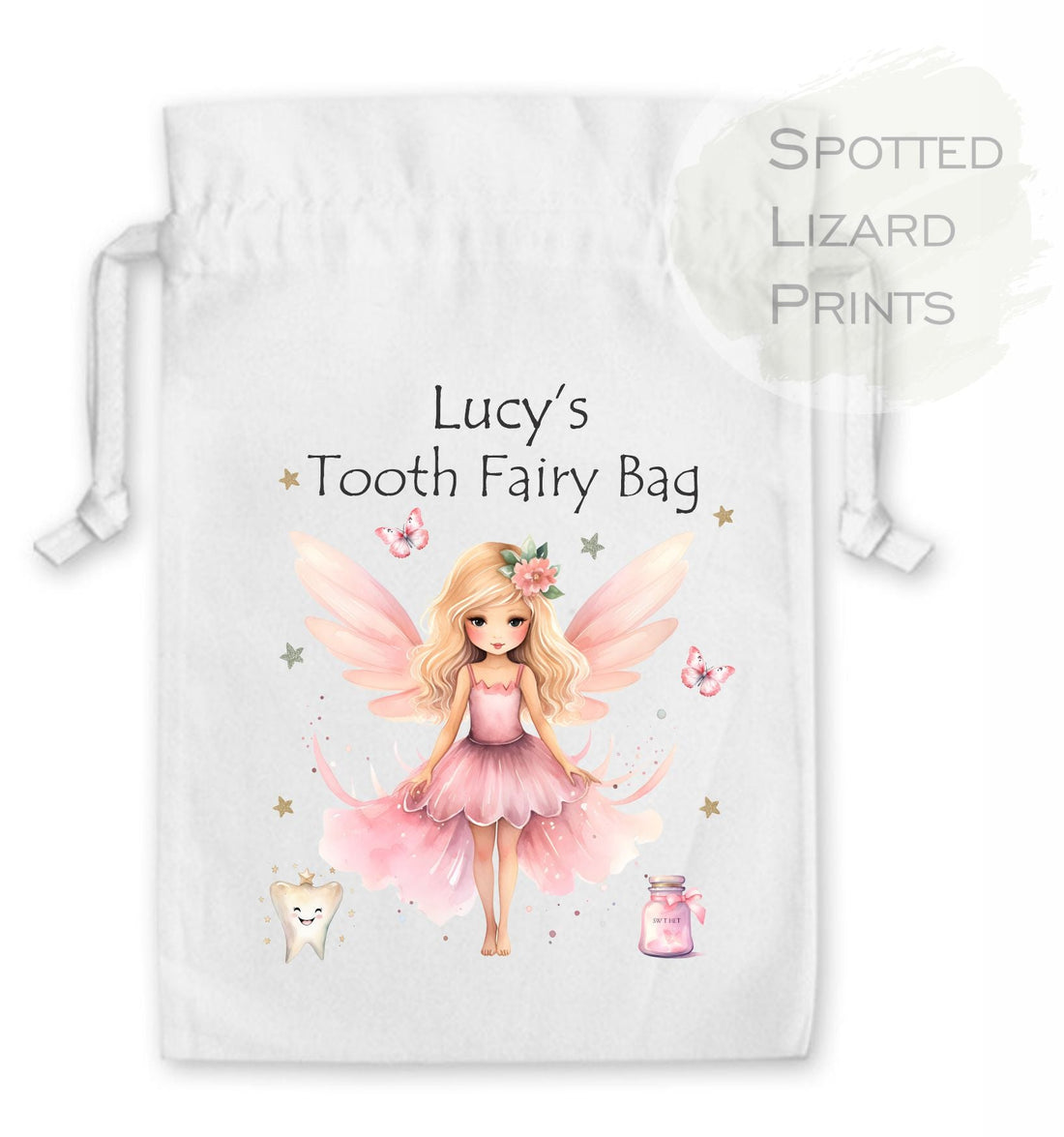 Hand printed tooth fairy bag with princess fairy. Personalised with a name. drawstring bag