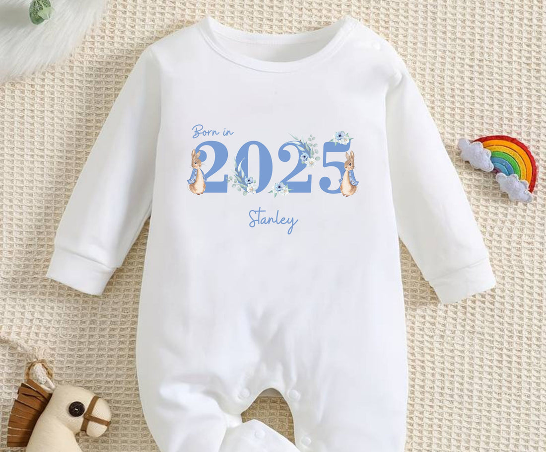 White Baby sleepsuit. Personalised born in 2025