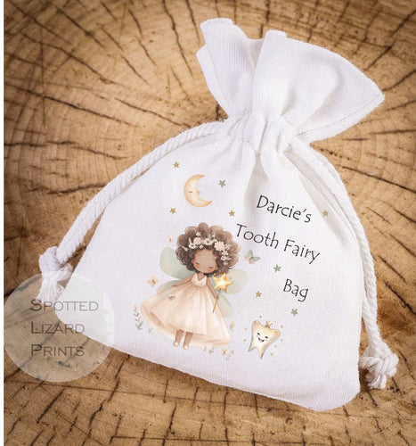 Hand printed personalised Tooth Fairy Bag. Personalised with a name, with a picture of a Fairy