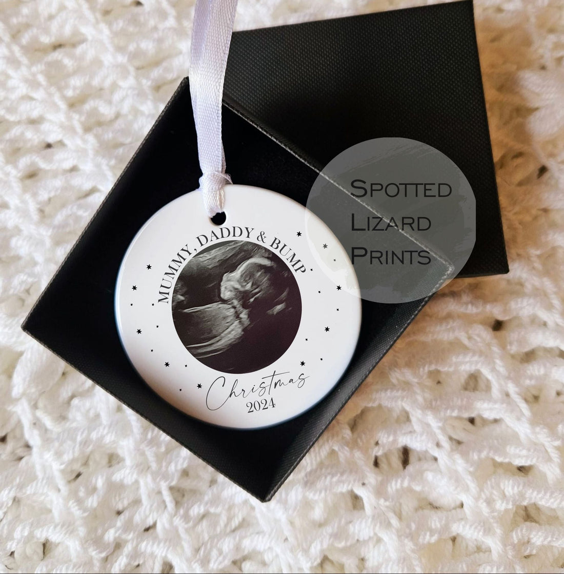 White ceramic Bauble, Hand printed with Baby scan photo. Personalised Christmas Gift. New Baby announcement.