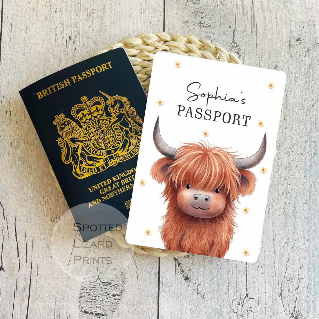 Highland cow passport cover. Personalised with a name. Hand printed gift made by spotted lizard prints