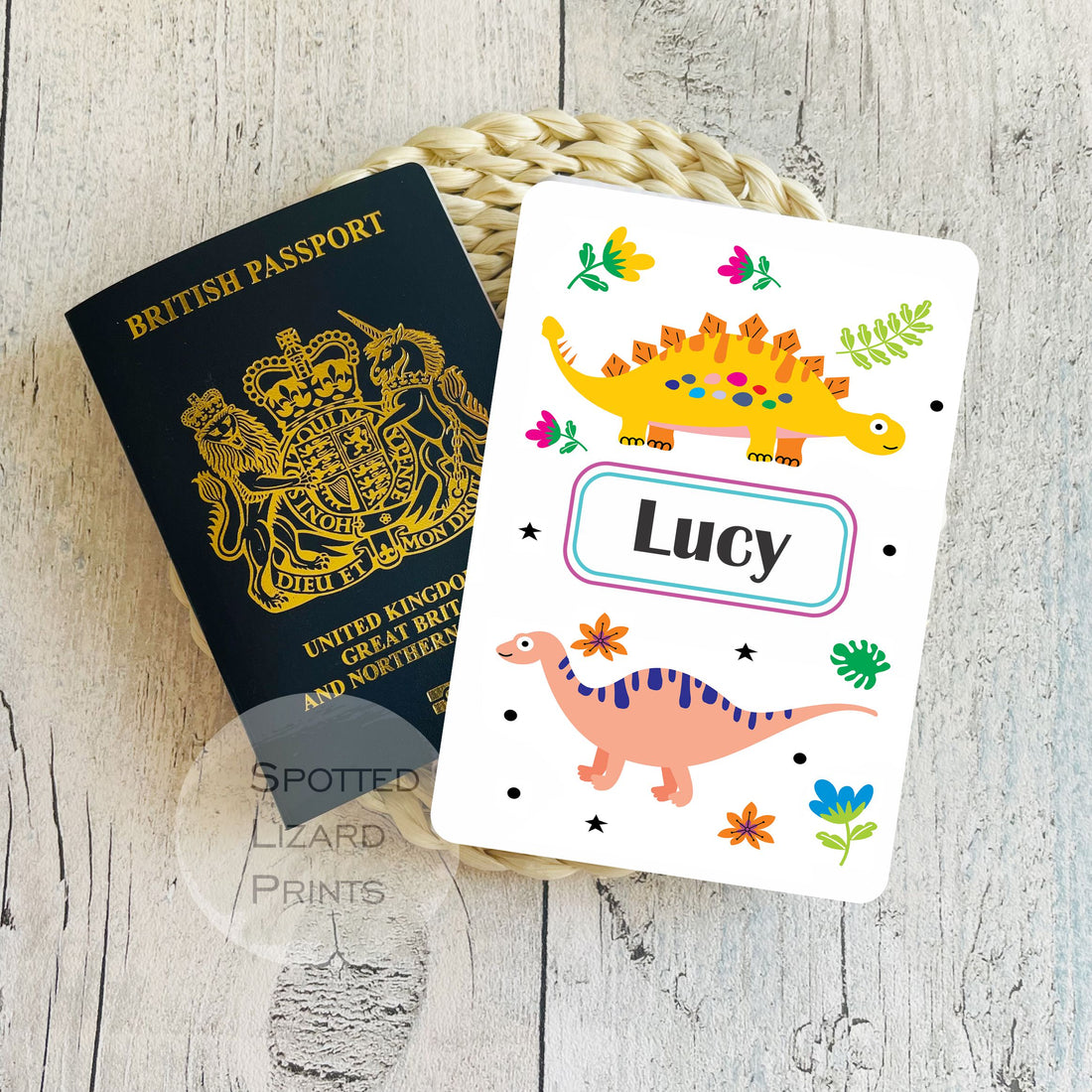 Personalised passport covers. Printed to order. Personalised with a name and Dinosaurs.