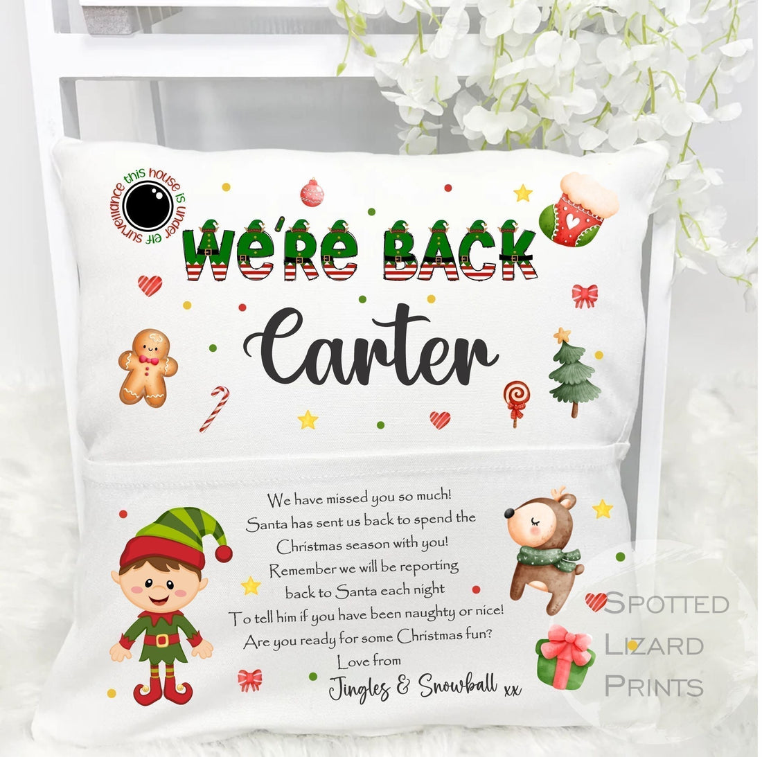 Personalised Elf is Back Cushion, Christmas Pocket Cushion, Christmas Eve Gift Pocket Cushion - Christmas Naughty Elf Arrival Cushion