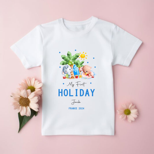 My first Holiday. Personalised Children's T-shirt for a Holiday